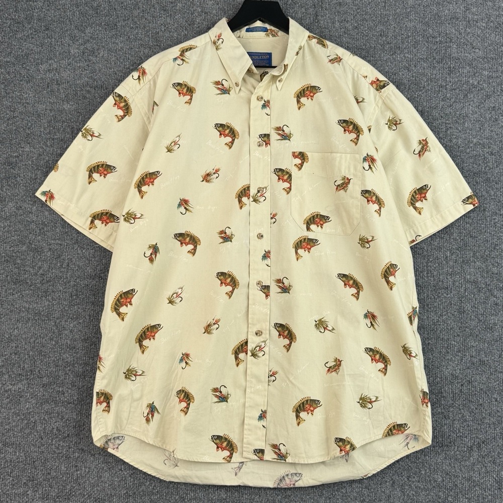 Pendleton Shirt Mens Large Beige Bass Fish Fly Fishing Short Sleeve Button Down